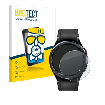 Front side of a product packaging with the brand logo BROTECT. Next to it is the device Samsung Galaxy Watch 6 Classic (43 mm)