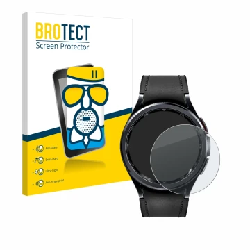 Front side of a product packaging with the brand logo BROTECT. Next to it is the device Samsung Galaxy Watch 6 Classic (47 mm)