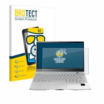 Front side of a product packaging with the brand logo BROTECT. Next to it is the device Fujitsu Lifebook U9313X shown with the