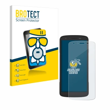 Front side of a product packaging with the brand logo BROTECT. Next to it is the device Zebra TC27 shown with the correspondin