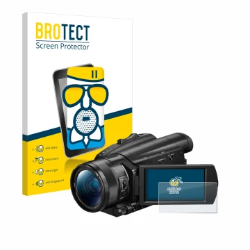 Front side of a product packaging with the brand logo BROTECT. Next to it is the device Sony FDR-AX700 shown with the correspo