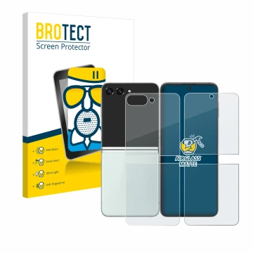 Front side of a product packaging with the brand logo BROTECT. Next to it is the device Samsung Galaxy Z Flip 5 (Front+Back) s