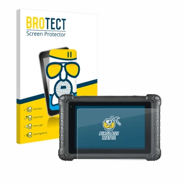 Front side of a product packaging with the brand logo BROTECT. Next to it is the device Autel MaxiDAS DS900 shown with the cor
