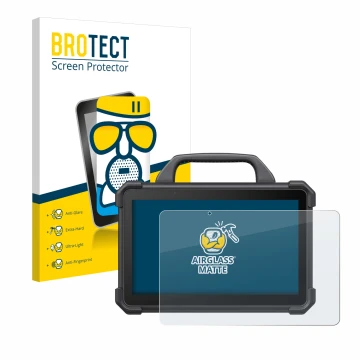 Front side of a product packaging with the brand logo BROTECT. Next to it is the device Launch X-431 Tab VII (Tab 7) Elite sho