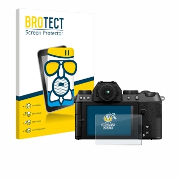 Front side of a product packaging with the brand logo BROTECT. Next to it is the device Fujifilm X-S20 shown with the correspo