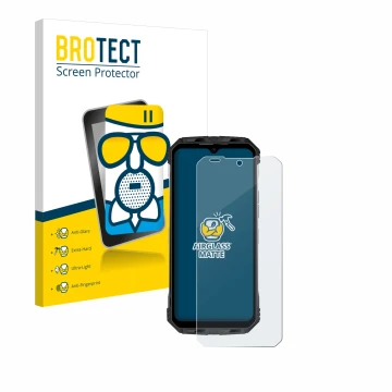 Front side of a product packaging with the brand logo BROTECT. Next to it is the device Doogee S110 shown with the correspondi