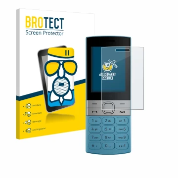 Front side of a product packaging with the brand logo BROTECT. Next to it is the device Nokia 150 (2023) shown with the corres