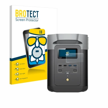 Front side of a product packaging with the brand logo BROTECT. Next to it is the device EcoFlow DELTA 2 shown with the corresp