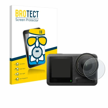 Front side of a product packaging with the brand logo BROTECT. Next to it is the device DJI Osmo Action 4 (Lens) shown with th