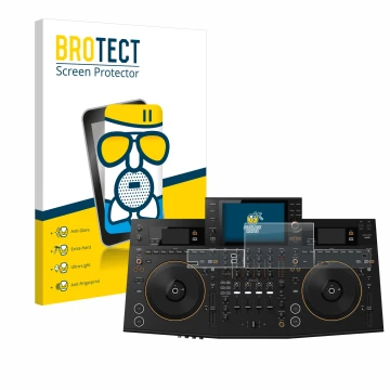 Front side of a product packaging with the brand logo BROTECT. Next to it is the device Pioneer OPUS-QUAD shown with the corre