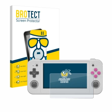 Front side of a product packaging with the brand logo BROTECT. Next to it is the device Anbernic RG505 shown with the correspo