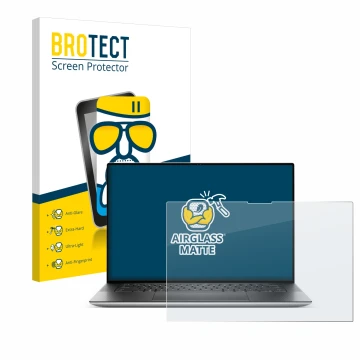 Front side of a product packaging with the brand logo BROTECT. Next to it is the device Dell XPS 15 9530 Touch shown with the 