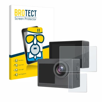 Front side of a product packaging with the brand logo BROTECT. Next to it is the device Akaso Brave 4 Pro shown with the corre
