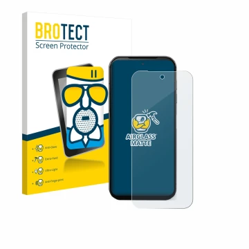 Front side of a product packaging with the brand logo BROTECT. Next to it is the device Fairphone 5 shown with the correspondi