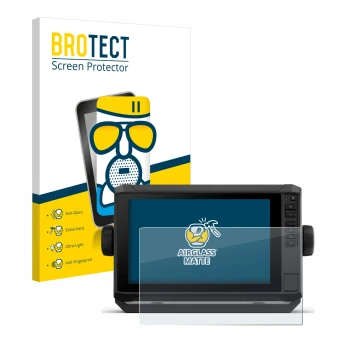 Front side of a product packaging with the brand logo BROTECT. Next to it is the device Garmin ECHOMAP UHD2 9