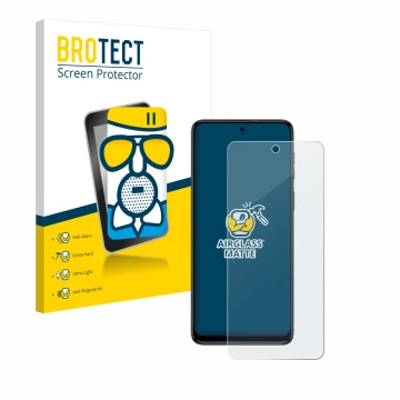 Front side of a product packaging with the brand logo BROTECT. Next to it is the device Motorola Moto G54 shown with the corre