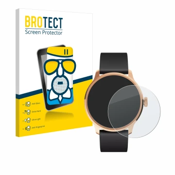 Front side of a product packaging with the brand logo BROTECT. Next to it is the device Withings ScanWatch Light shown with th