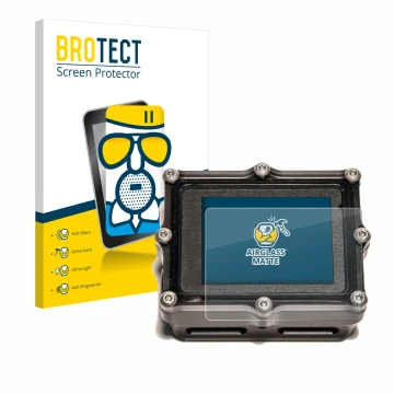 Front side of a product packaging with the brand logo BROTECT. Next to it is the device Shearwater Petrel 2 dive computer show
