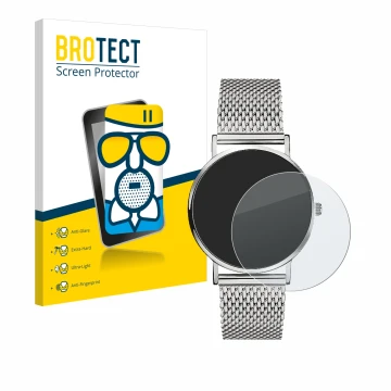 Front side of a product packaging with the brand logo BROTECT. Next to it is the device Liebeskind New Case Mesh (34 mm) shown
