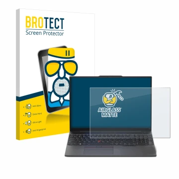 Front side of a product packaging with the brand logo BROTECT. Next to it is the device Lenovo ThinkPad E16 Gen 1 shown with t