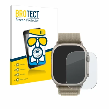 Front side of a product packaging with the brand logo BROTECT. Next to it is the device Apple Watch Ultra 2 (49 mm) shown with