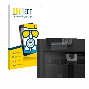 Front side of a product packaging with the brand logo BROTECT. Next to it is the device Bambu Lab P1S 3D Printer shown with th
