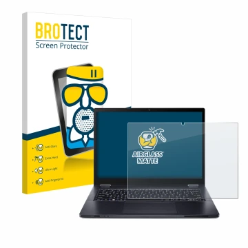 Front side of a product packaging with the brand logo BROTECT. Next to it is the device Acer TravelMate Spin P4 14