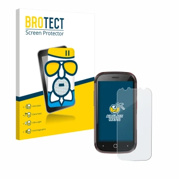 Front side of a product packaging with the brand logo BROTECT. Next to it is the device Unihertz Jelly Star shown with the cor