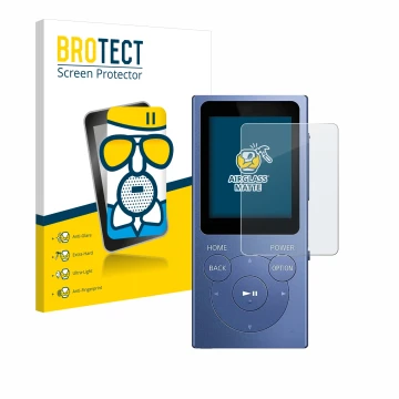Front side of a product packaging with the brand logo BROTECT. Next to it is the device Sony Walkman NW-E394 shown with the co