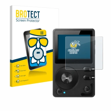 Front side of a product packaging with the brand logo BROTECT. Next to it is the device Hifi Walker H2 shown with the correspo