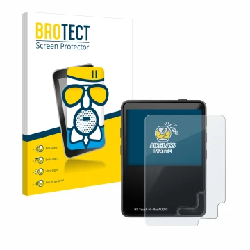 Front side of a product packaging with the brand logo BROTECT. Next to it is the device HifiWalker H2 touch shown with the cor