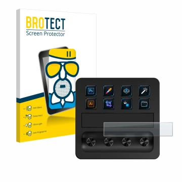 Front side of a product packaging with the brand logo BROTECT. Next to it is the device Elgato Stream Deck + shown with the co