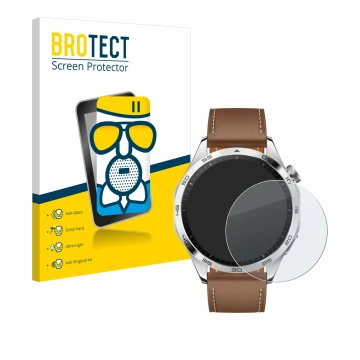 Front side of a product packaging with the brand logo BROTECT. Next to it is the device Huawei Watch GT 4 (46mm) shown with th