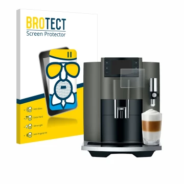Front side of a product packaging with the brand logo BROTECT. Next to it is the device Jura E8 (EC) shown with the correspond