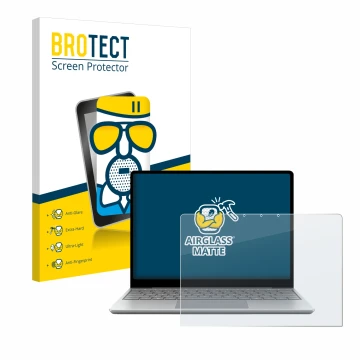 Front side of a product packaging with the brand logo BROTECT. Next to it is the device Microsoft Surface Laptop Go 3 Business