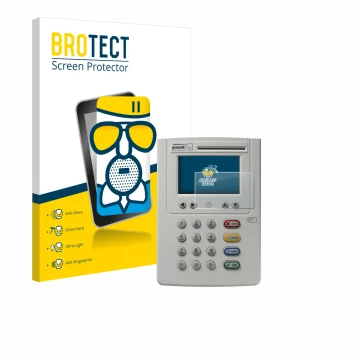 Front side of a product packaging with the brand logo BROTECT. Next to it is the device ingenico eHealth ORGA Neo 6141 shown w