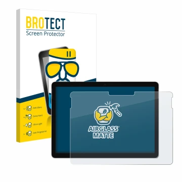 Front side of a product packaging with the brand logo BROTECT. Next to it is the device Microsoft Surface Go 4 shown with the 