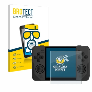 Front side of a product packaging with the brand logo BROTECT. Next to it is the device Powkiddy RGB30 shown with the correspo