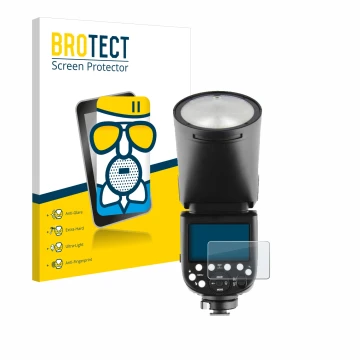 Front side of a product packaging with the brand logo BROTECT. Next to it is the device Godox V1 shown with the corresponding 