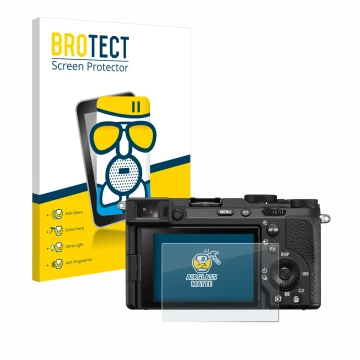 Front side of a product packaging with the brand logo BROTECT. Next to it is the device Sony Alpha 7CR shown with the correspo