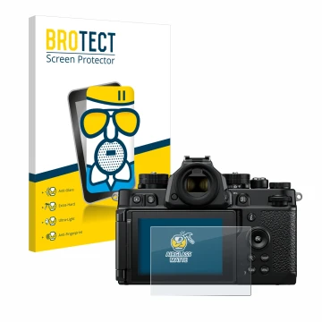Front side of a product packaging with the brand logo BROTECT. Next to it is the device Nikon Z F shown with the corresponding