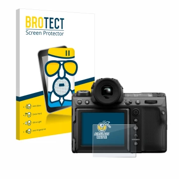 Front side of a product packaging with the brand logo BROTECT. Next to it is the device Fujifilm GFX100 II shown with the corr