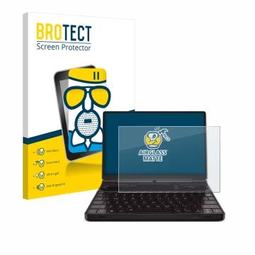 Front side of a product packaging with the brand logo BROTECT. Next to it is the device GPD Win Max 2 2023 shown with the corr
