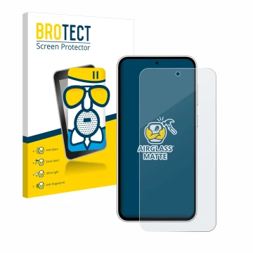 Front side of a product packaging with the brand logo BROTECT. Next to it is the device Samsung Galaxy S23 FE shown with the c