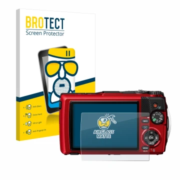 Front side of a product packaging with the brand logo BROTECT. Next to it is the device Olympus OM System Tough TG-7 shown wit