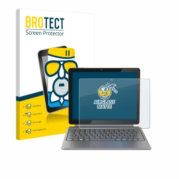 Front side of a product packaging with the brand logo BROTECT. Next to it is the device Alldocube iWork 20 Pro shown with the 