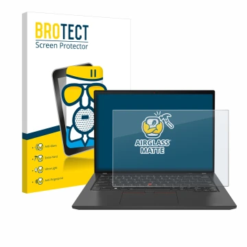 Front side of a product packaging with the brand logo BROTECT. Next to it is the device Lenovo ThinkPad T16 Gen 3 shown with t