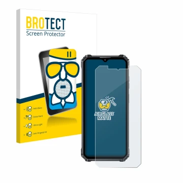 Front side of a product packaging with the brand logo BROTECT. Next to it is the device Oukitel WP28 shown with the correspond