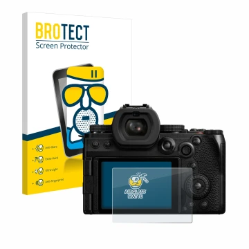 Front side of a product packaging with the brand logo BROTECT. Next to it is the device Panasonic Lumix DC-S5M2X shown with th