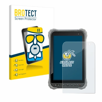 Front side of a product packaging with the brand logo BROTECT. Next to it is the device Juniper Systems Cedar CT8X2 shown with